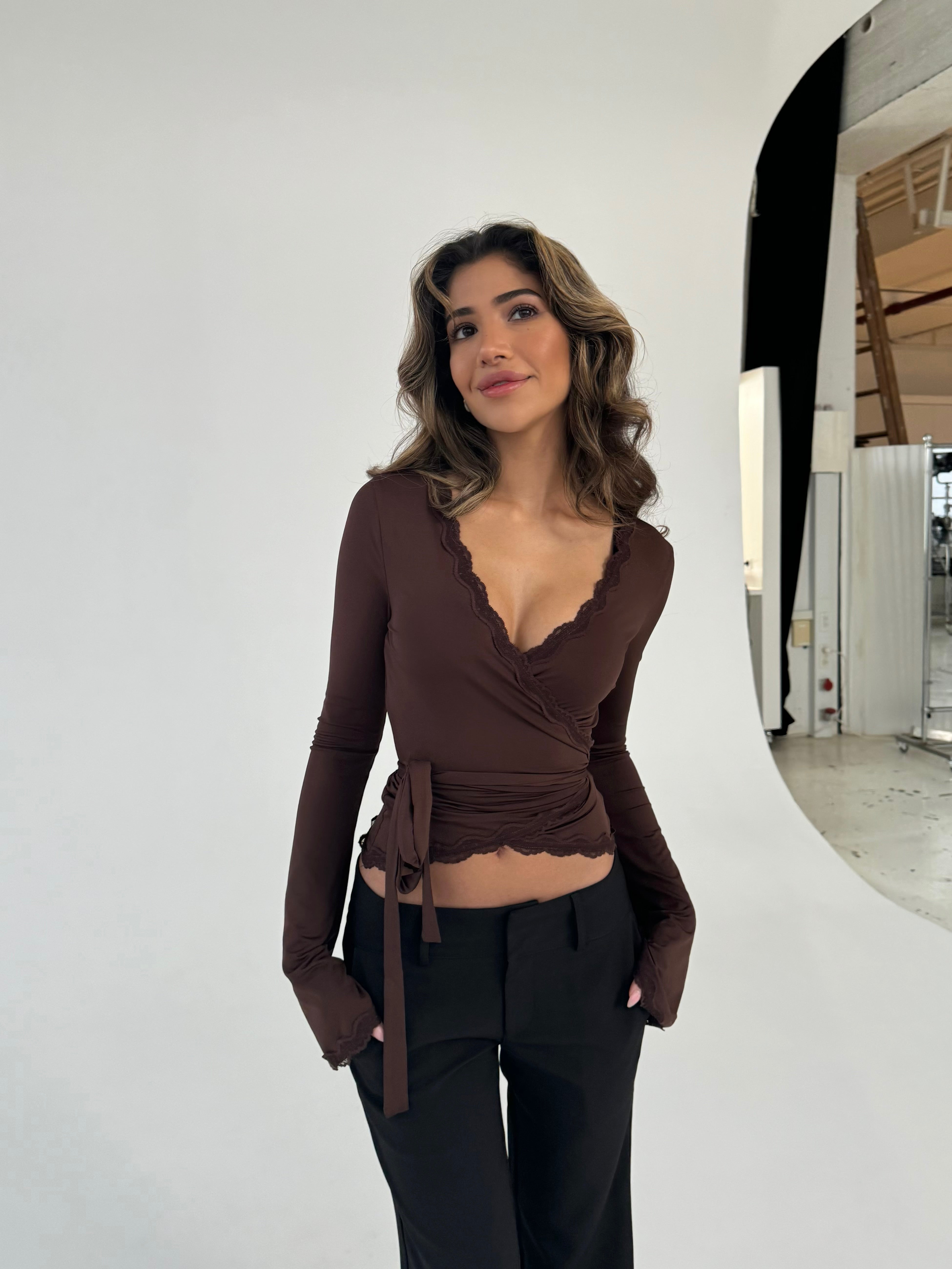 ALINA | Lace Trim Wrap Long Sleeve Top