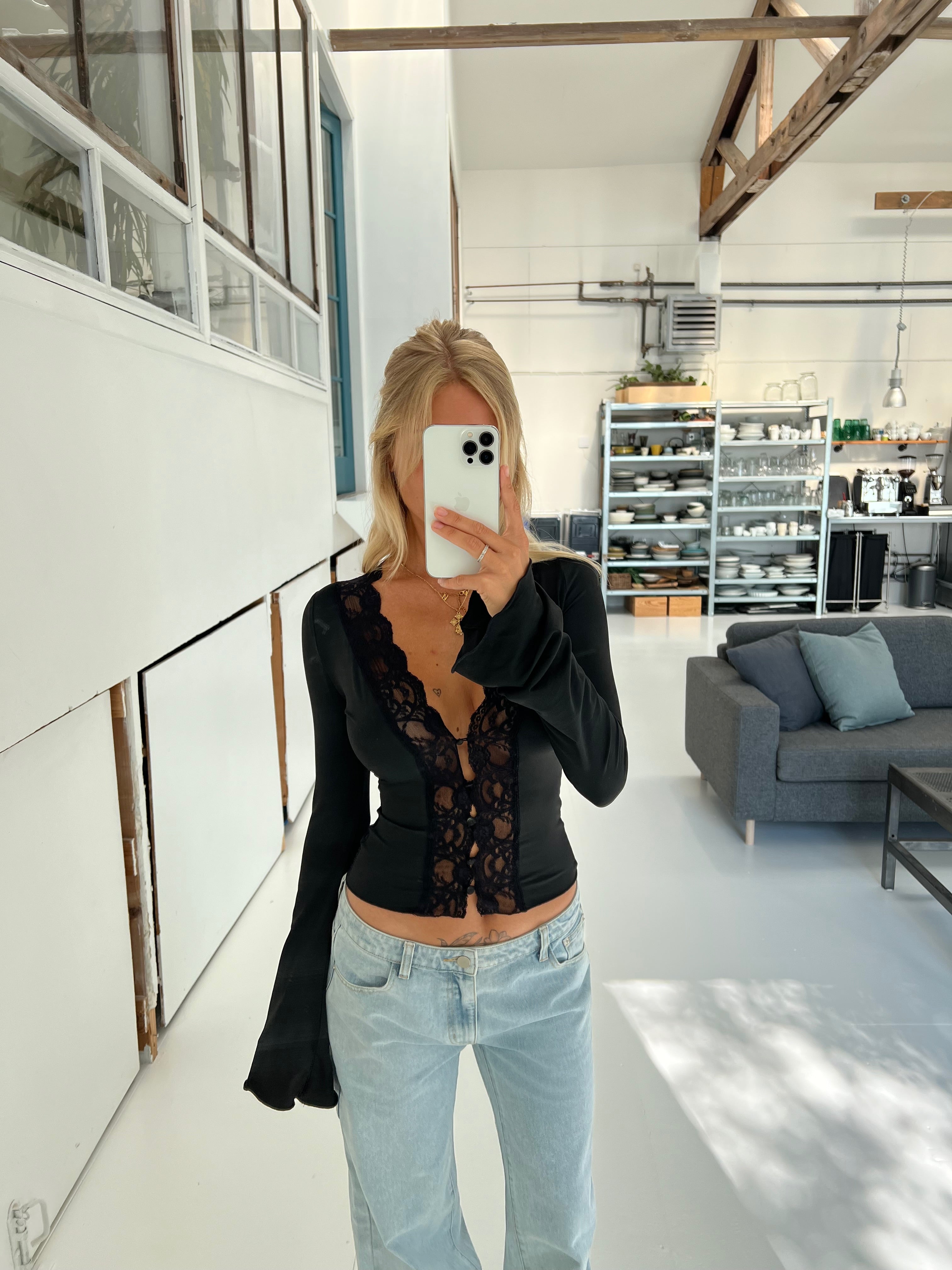 ARIA | Lace Trim Long Sleeve Top