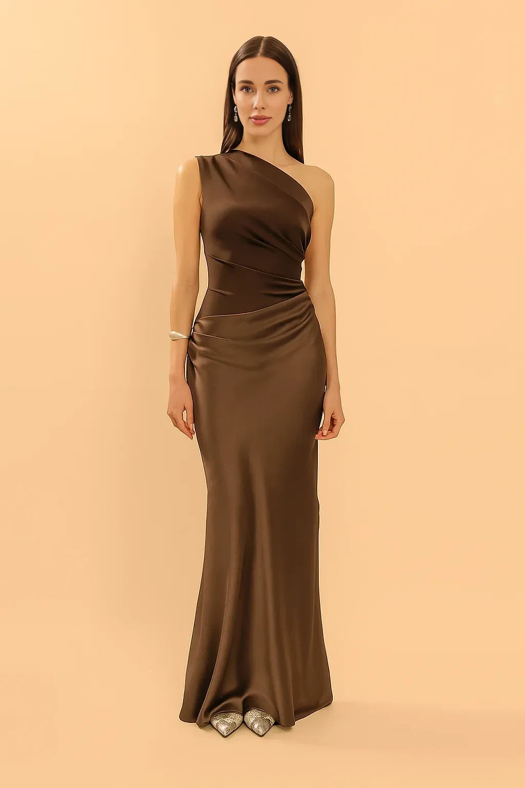 CASSIA | Draped Waist Satin-Panel Maxi Dress