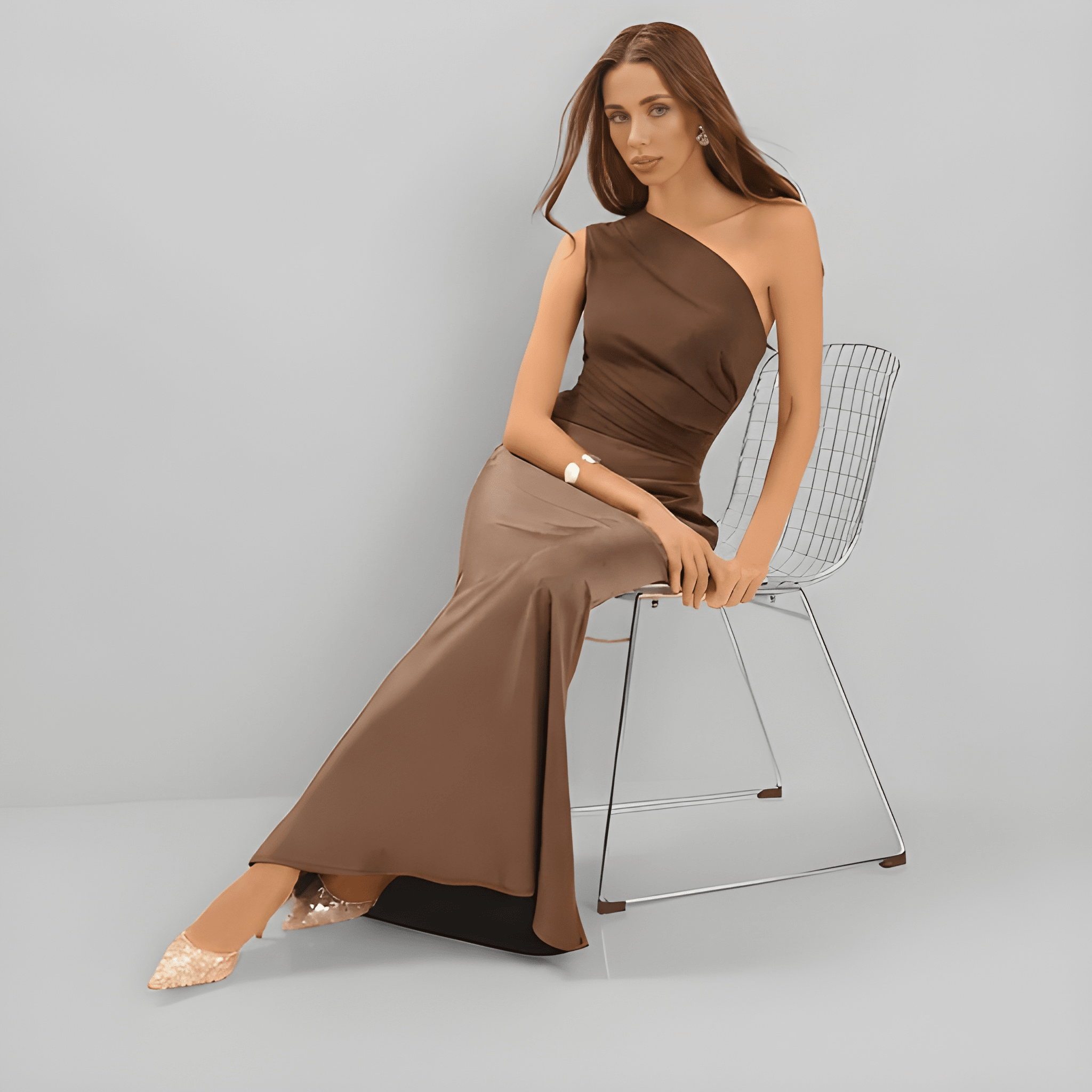 CASSIA | Draped Waist Satin-Panel Maxi Dress