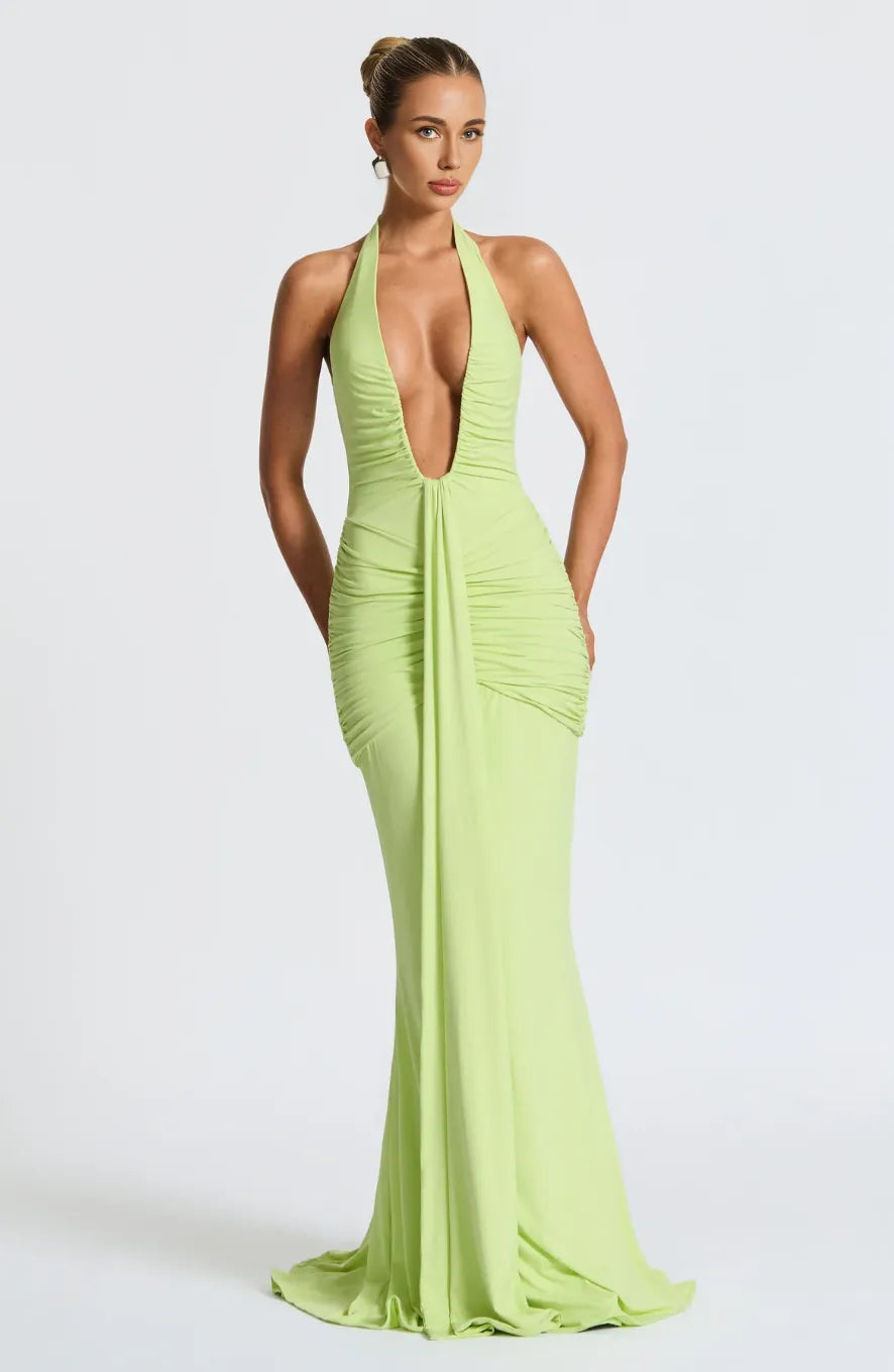 ADELIA | Deep V Halter Maxi Dress