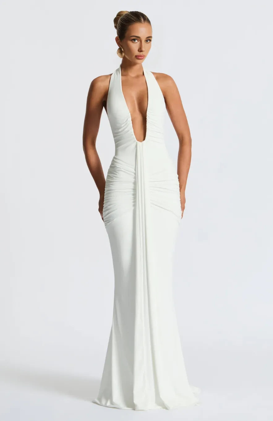 ADELIA | Deep V Halter Maxi Dress