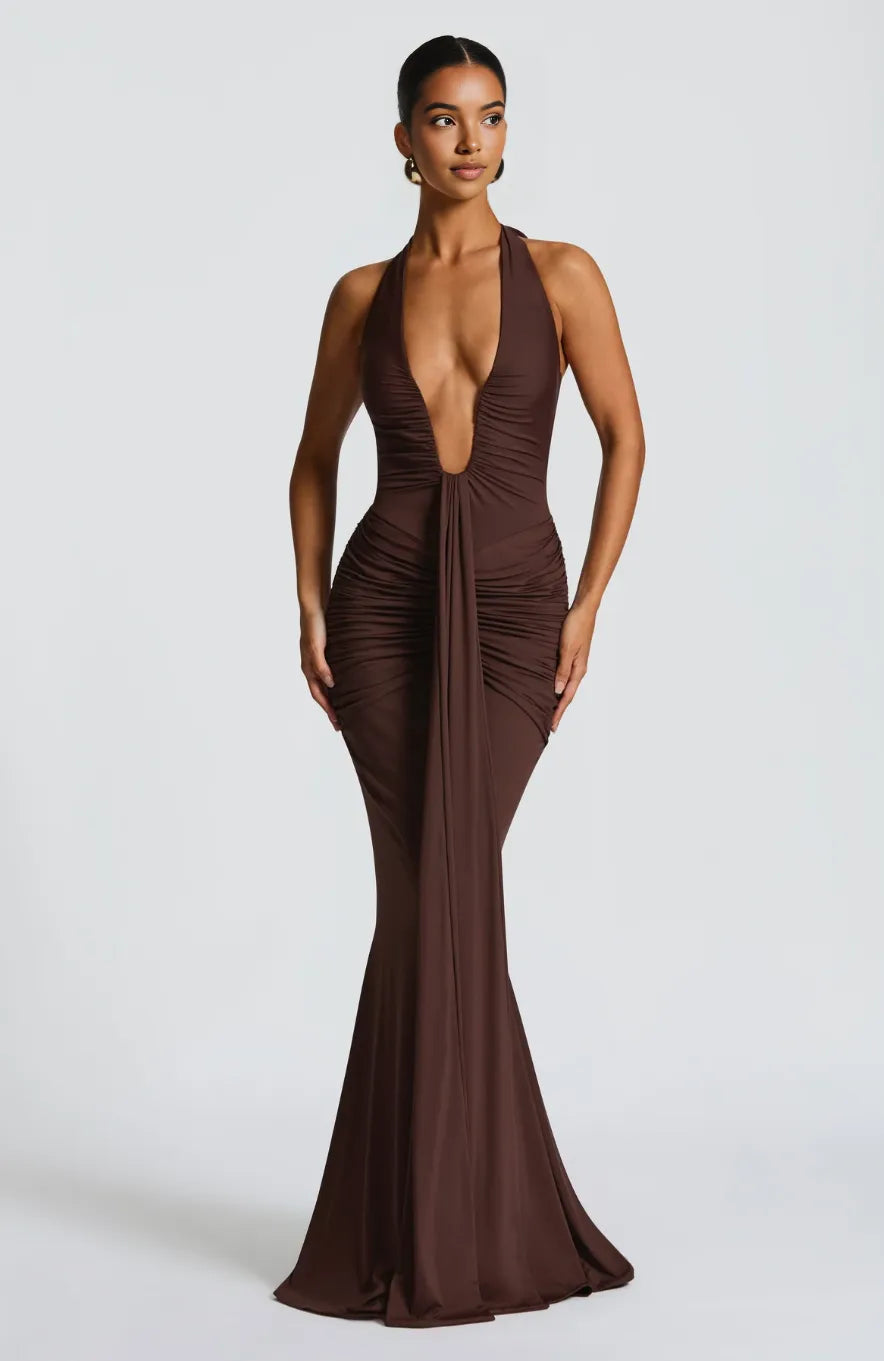 ADELIA | Deep V Halter Maxi Dress