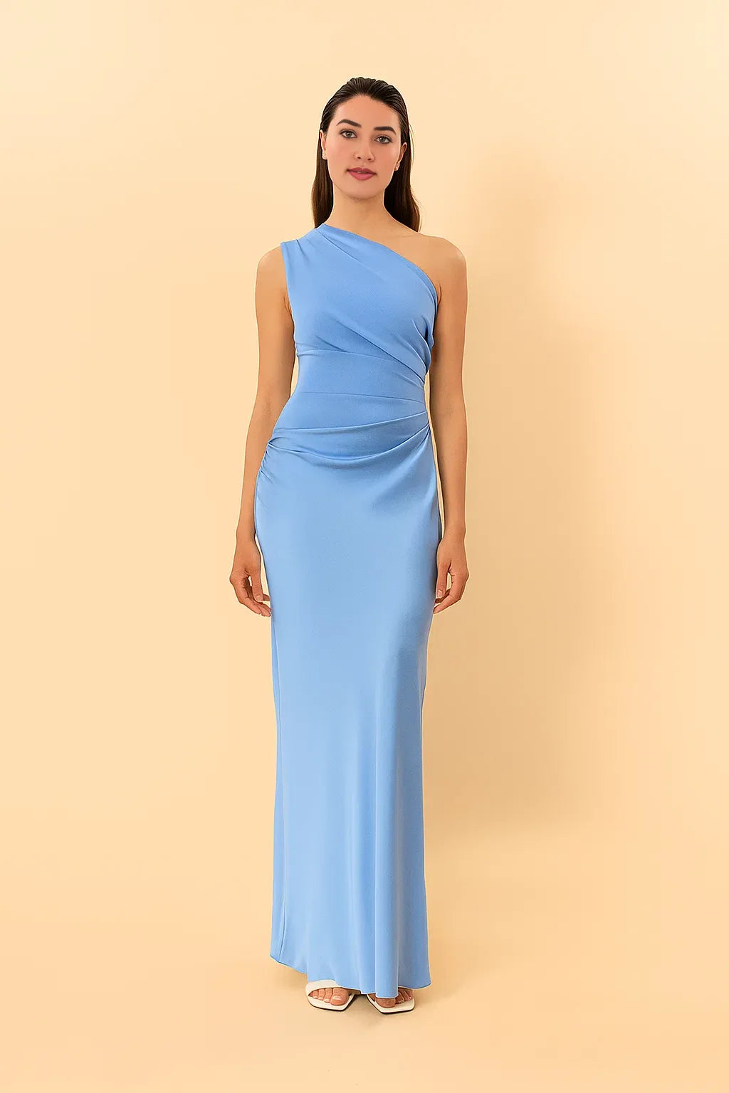 CASSIA | Draped Waist Satin-Panel Maxi Dress