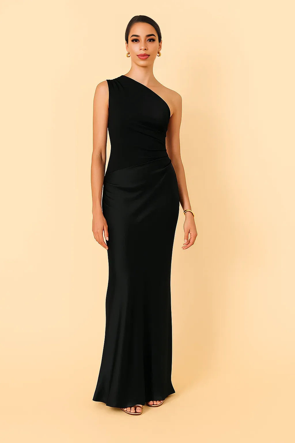 CASSIA | Draped Waist Satin-Panel Maxi Dress