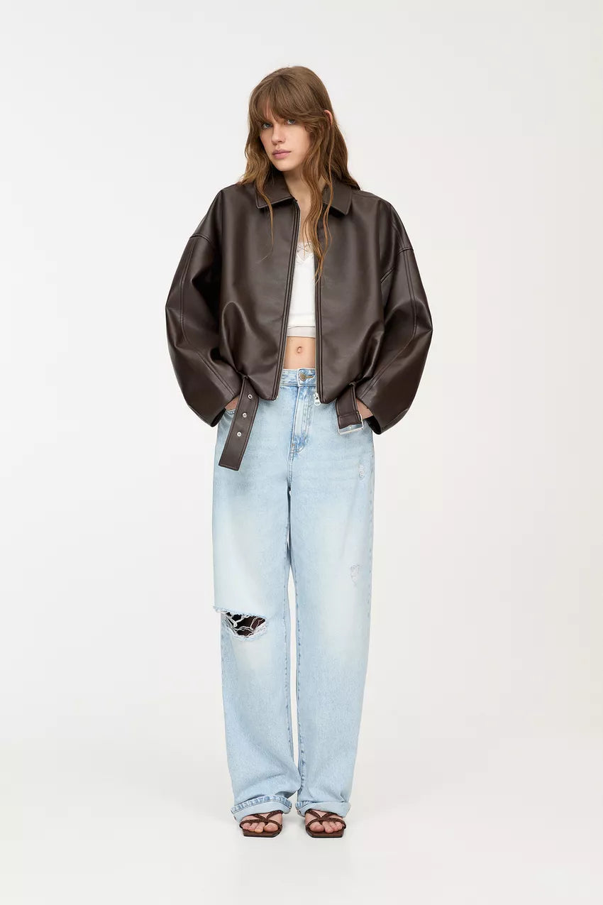 INDIGO | Oversized Faux Leather Bomber Jacket