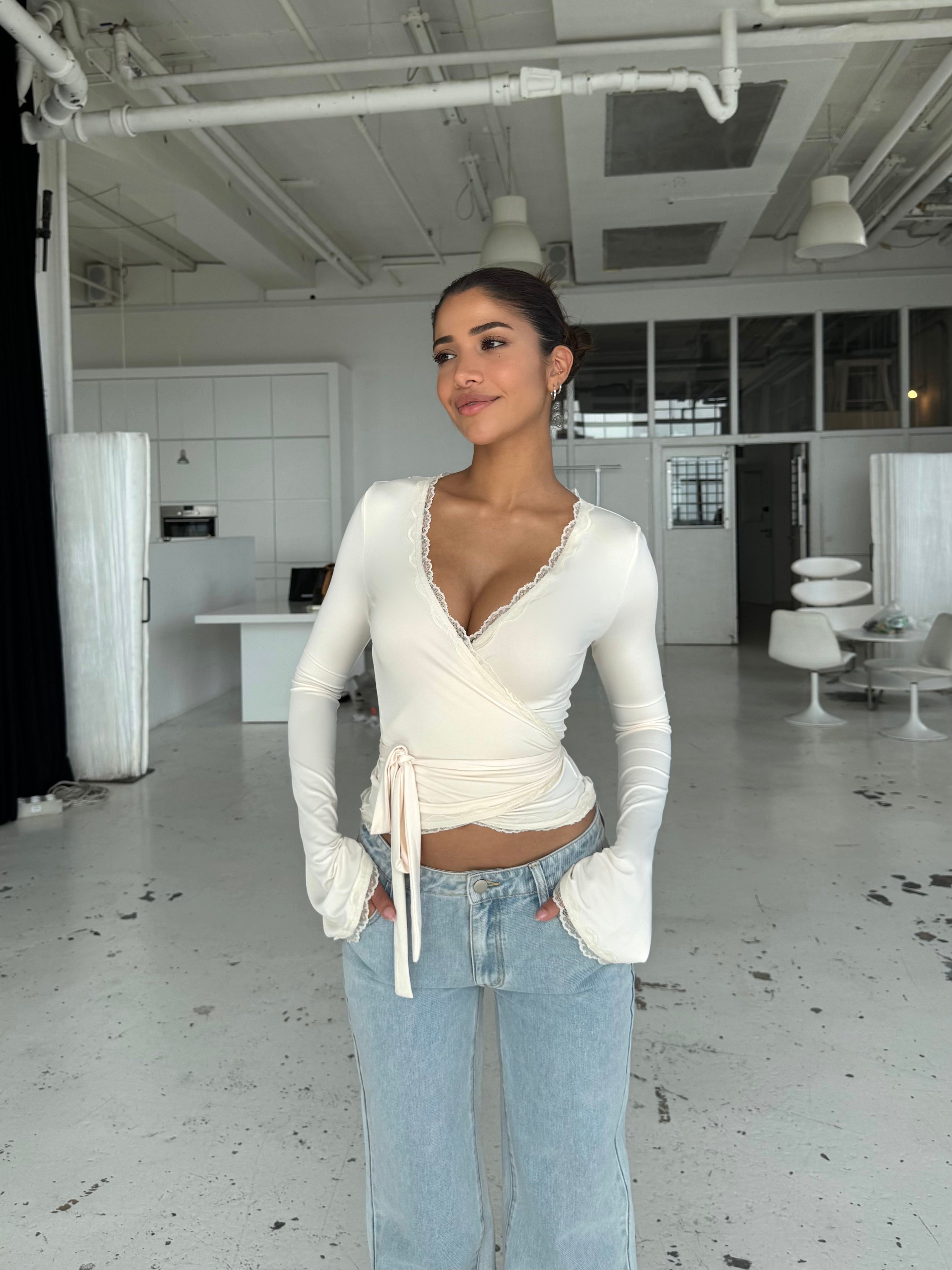 ALINA | Lace Trim Wrap Long Sleeve Top