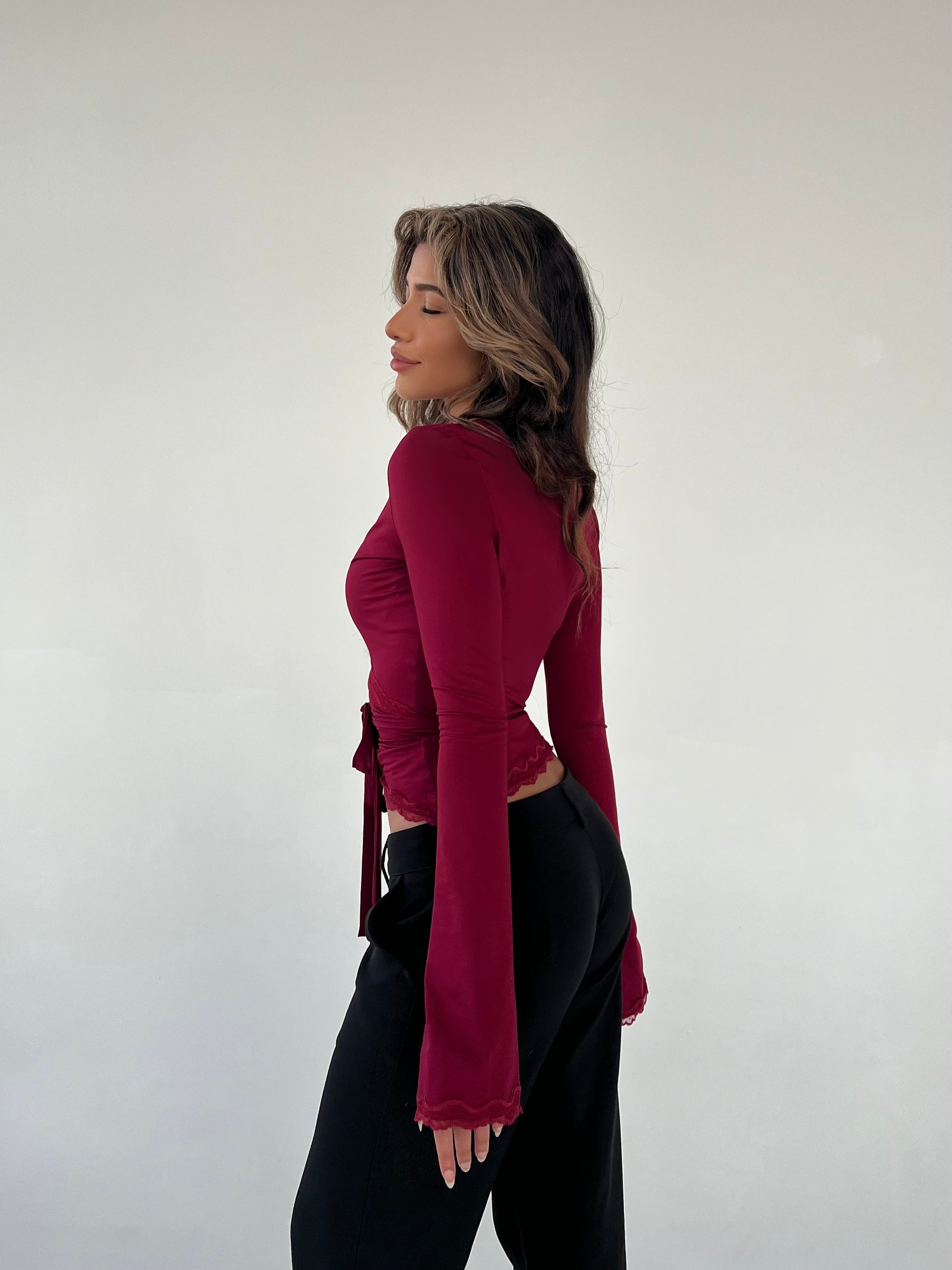 ALINA | Lace Trim Wrap Long Sleeve Top
