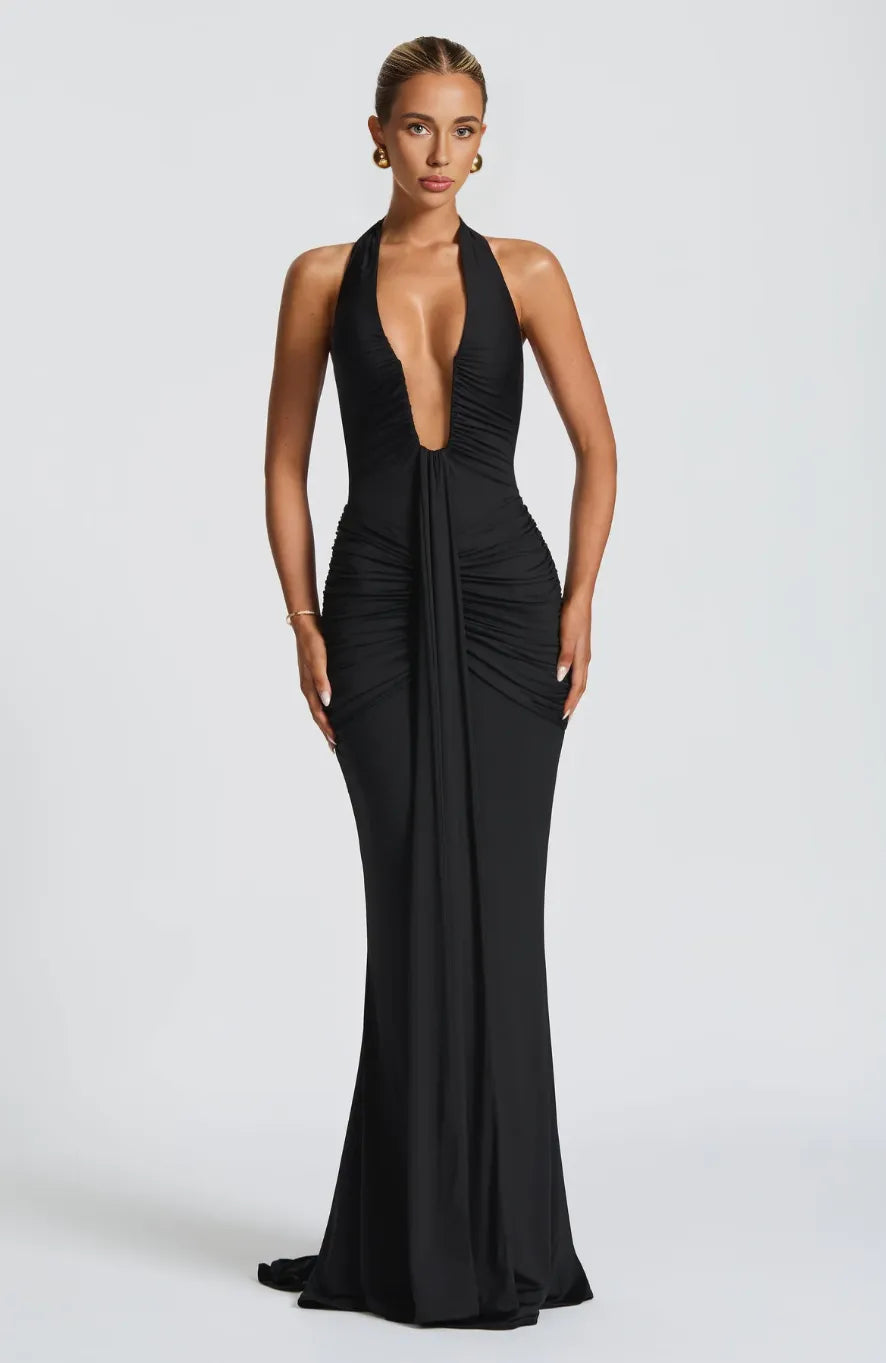 ADELIA | Deep V Halter Maxi Dress