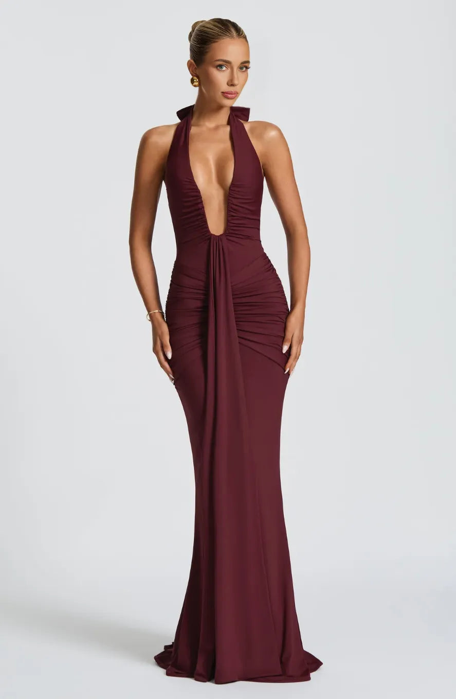 ADELIA | Deep V Halter Maxi Dress