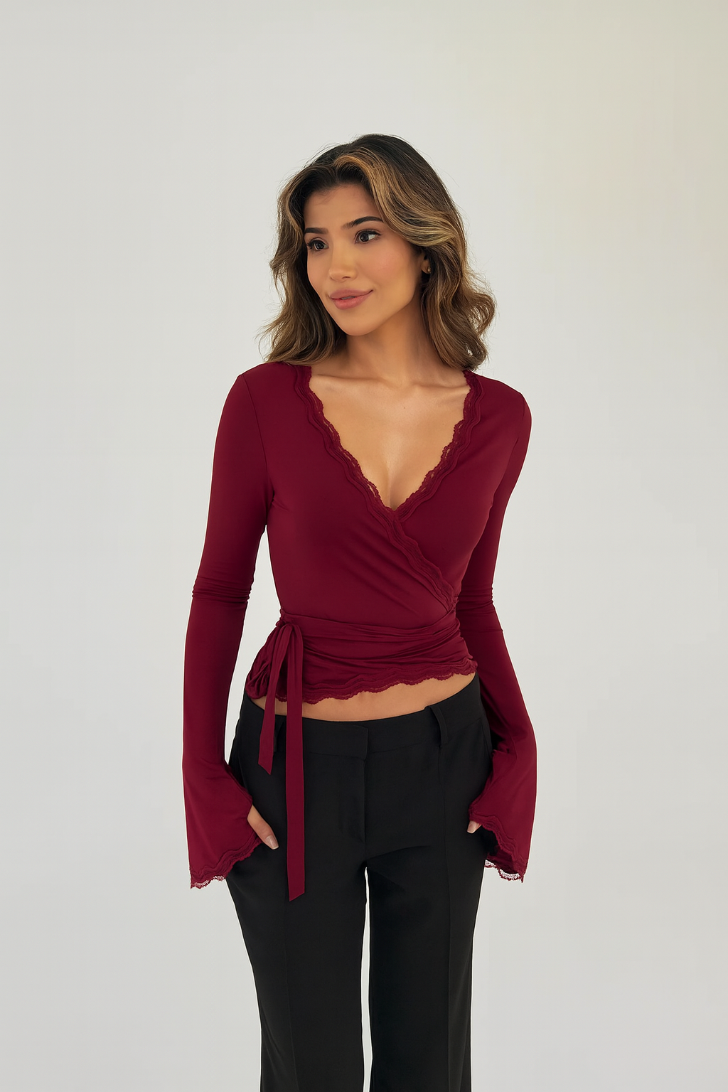 ALINA | Lace Trim Wrap Long Sleeve Top