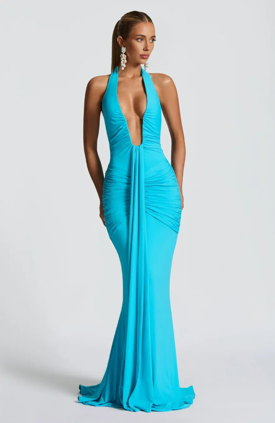 ADELIA | Deep V Halter Maxi Dress