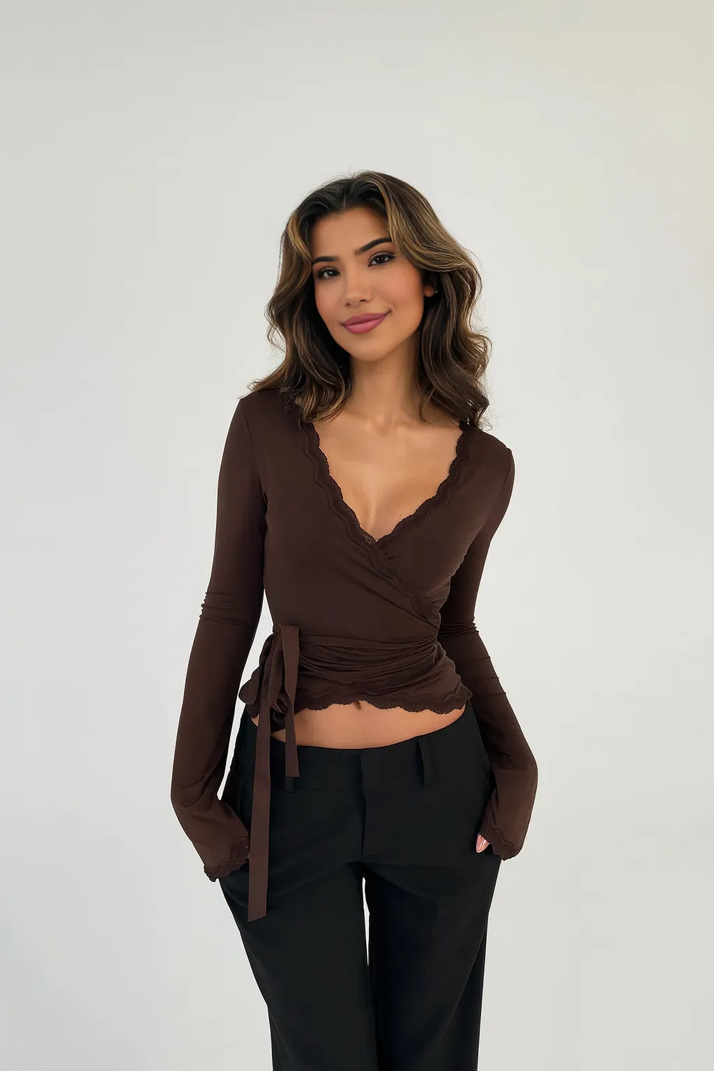 ALINA | Lace Trim Wrap Long Sleeve Top