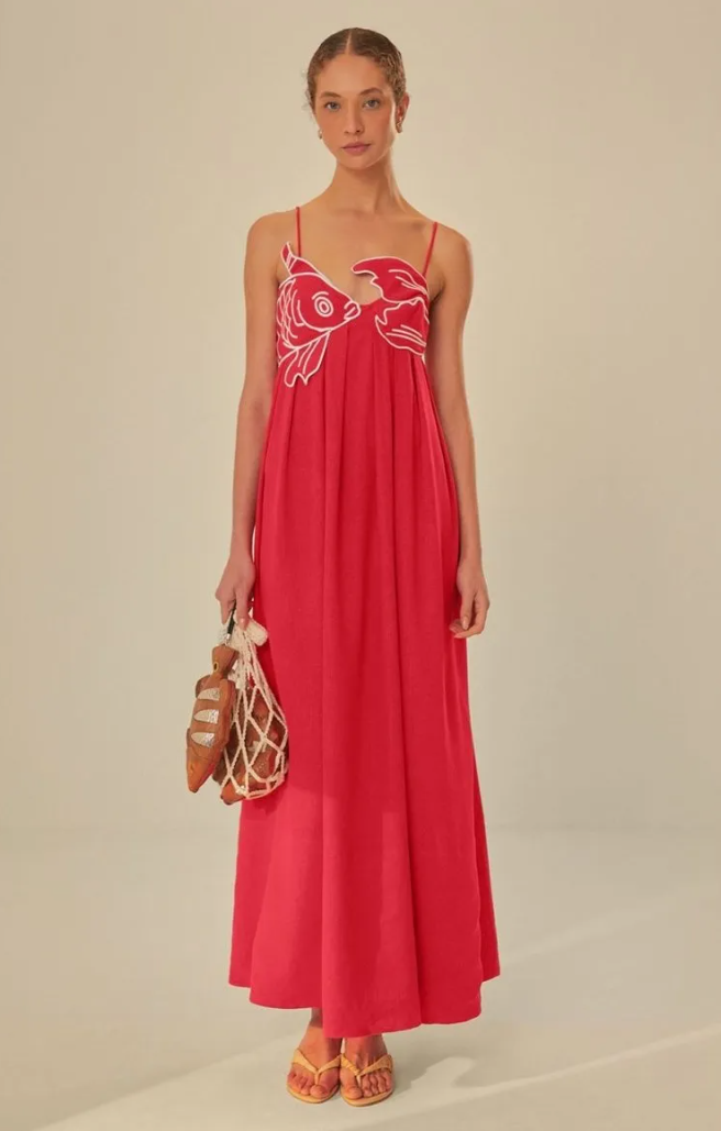 LILY | Pleated Fish Embroidery Maxi Dress