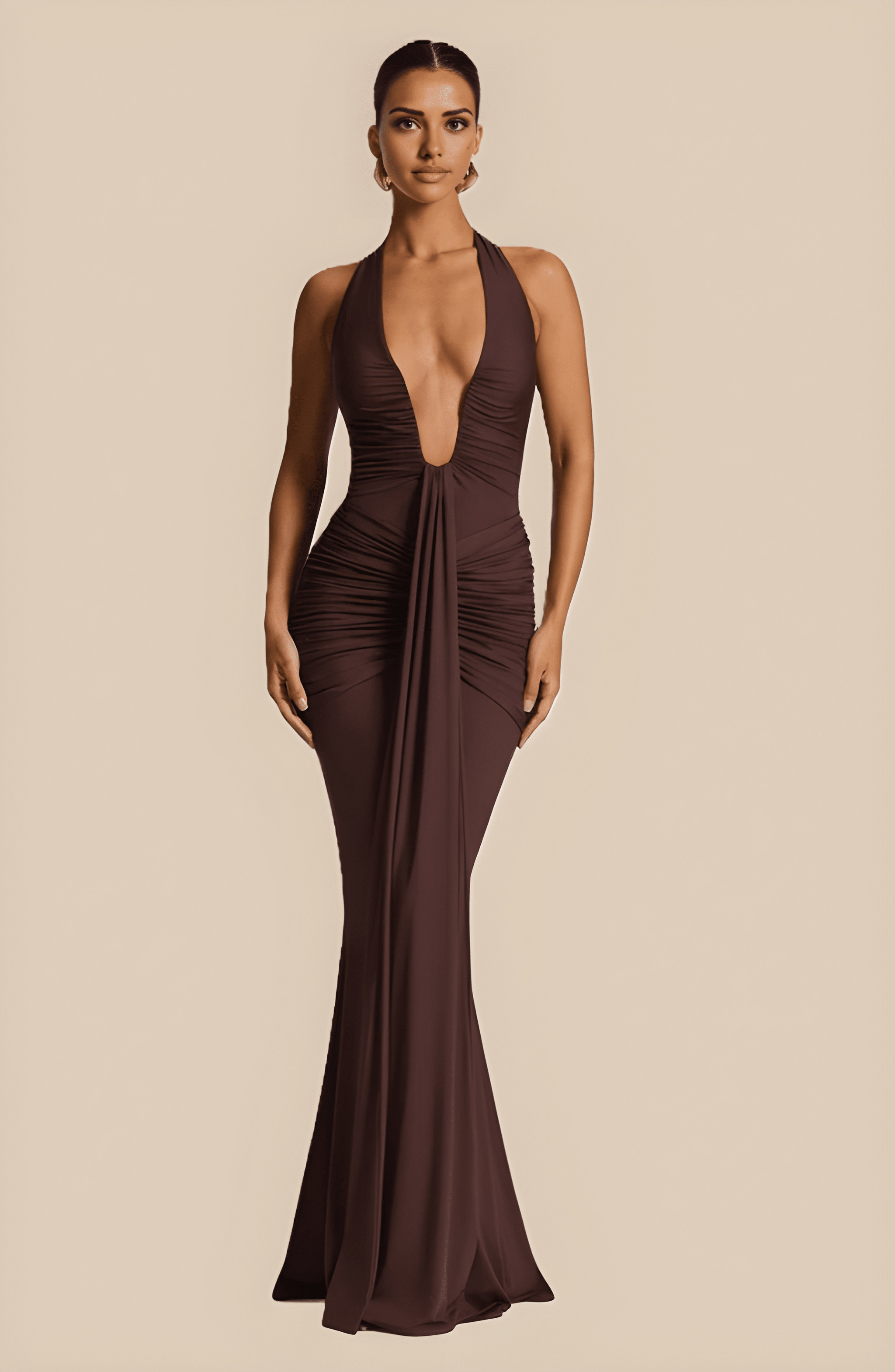 ADELIA | Deep V Halter Maxi Dress