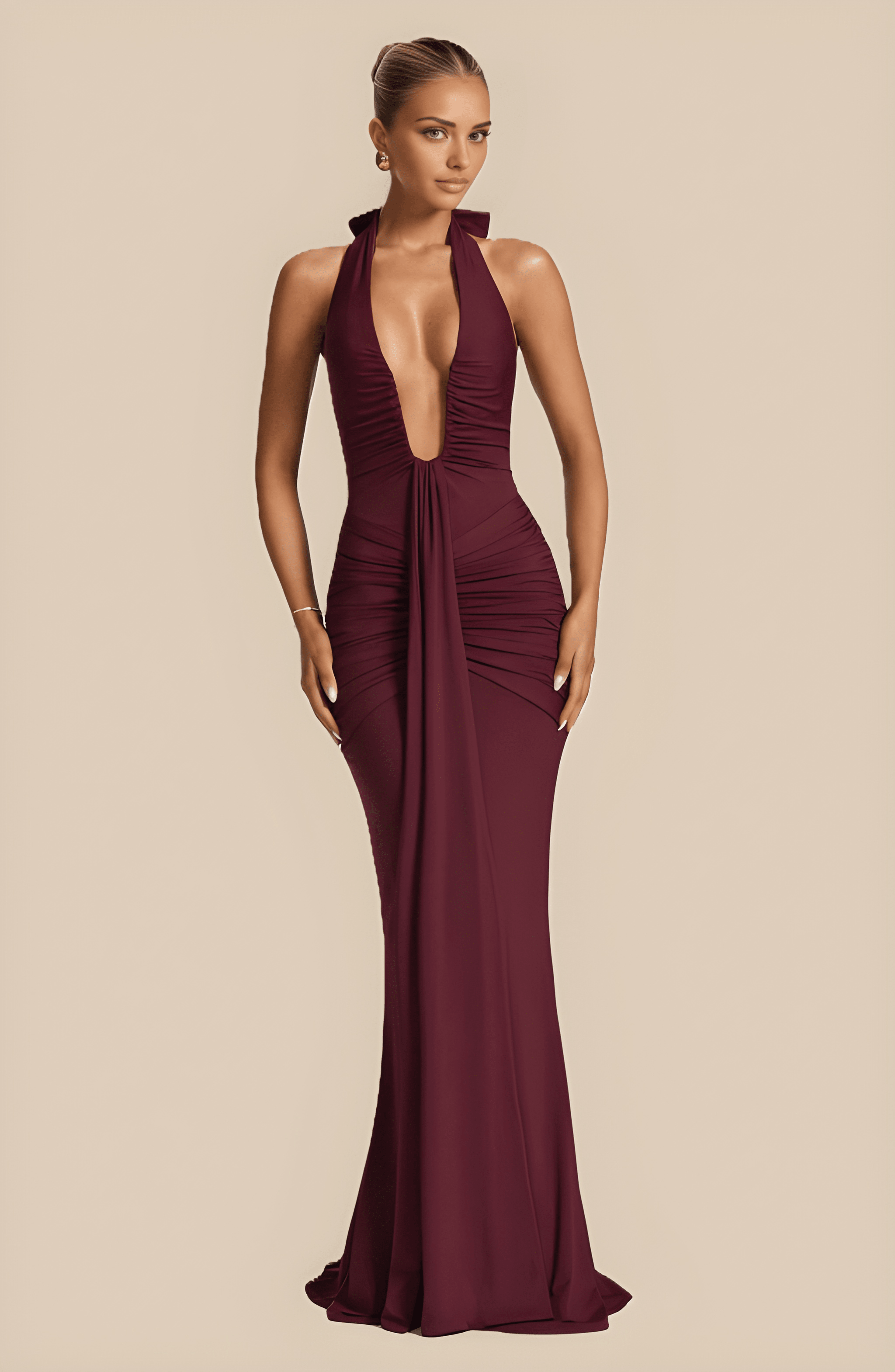 ADELIA | Deep V Halter Maxi Dress