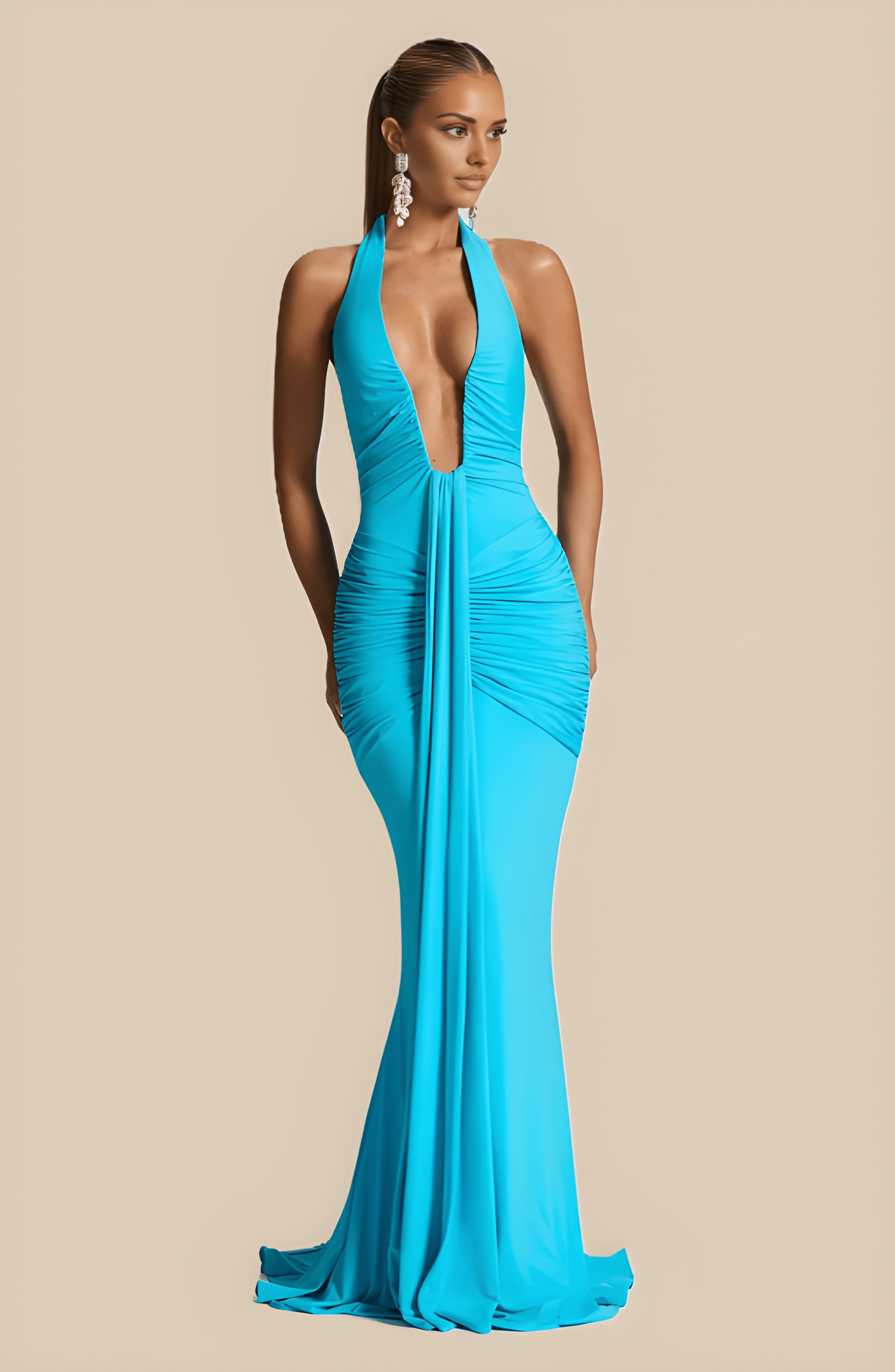 ADELIA | Deep V Halter Maxi Dress