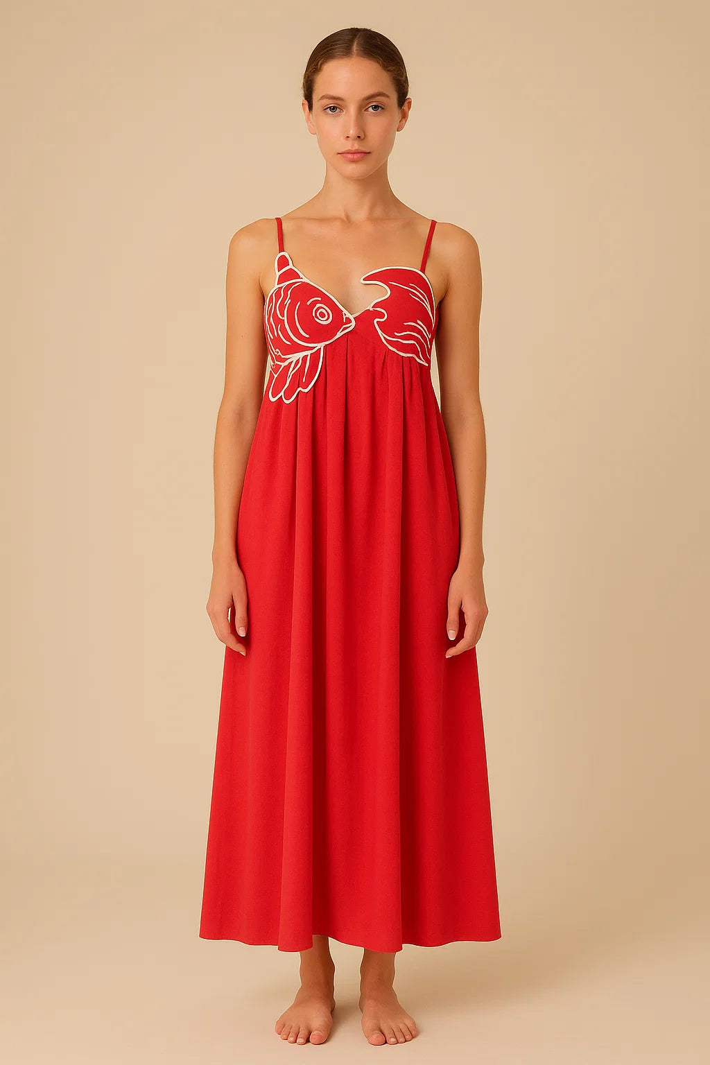 LILY | Pleated Fish Embroidery Maxi Dress