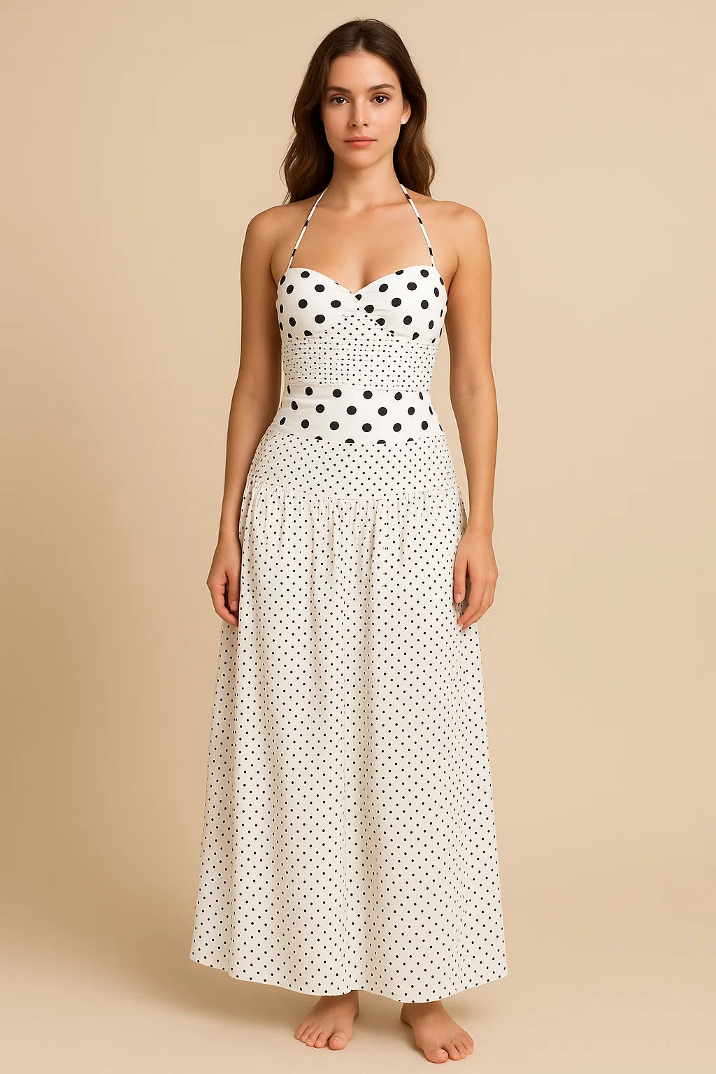 LIVIA | White Polka Dot Halter Maxi Dress