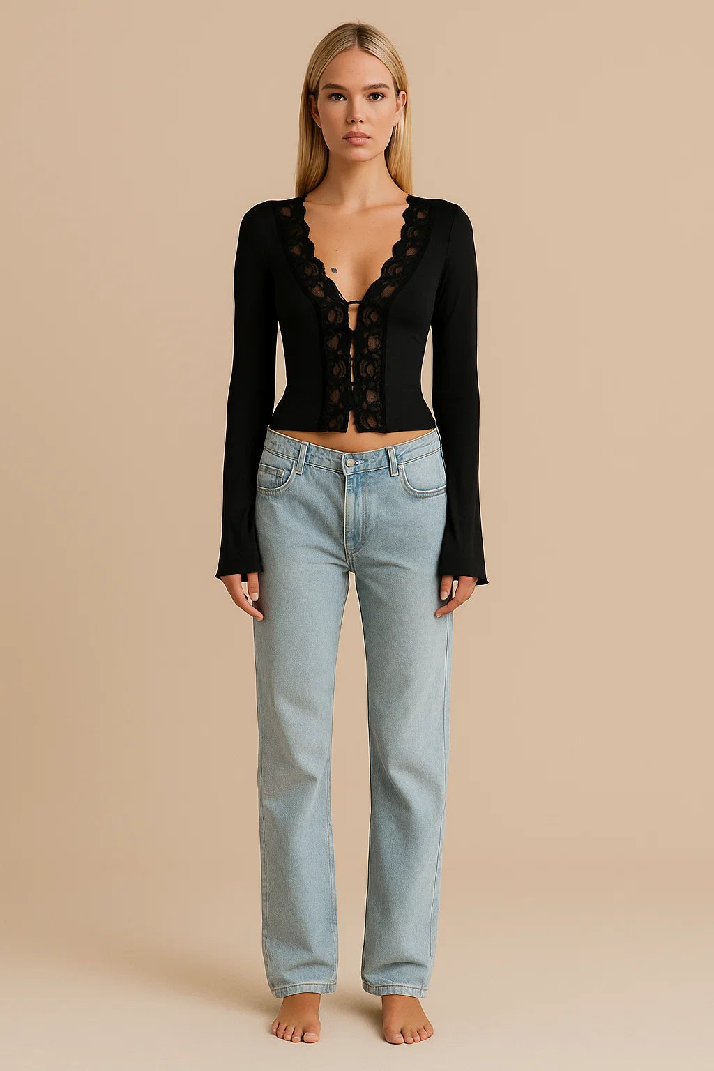ARIA | Lace Trim Long Sleeve Top