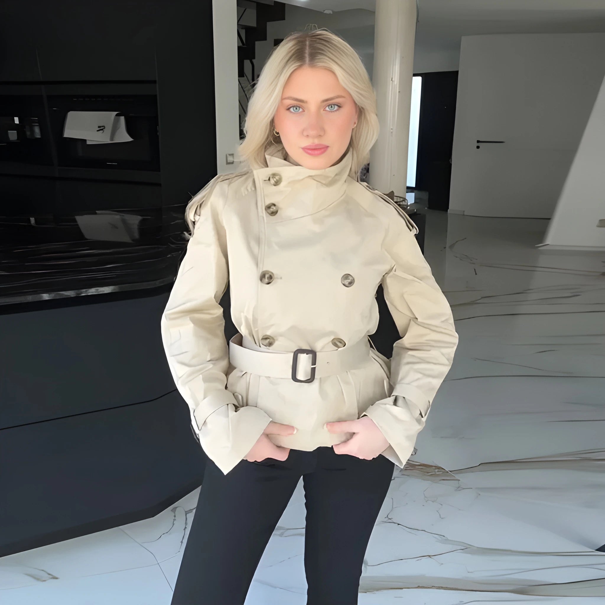 SOPHIE | High-Collar Short Trench Coat